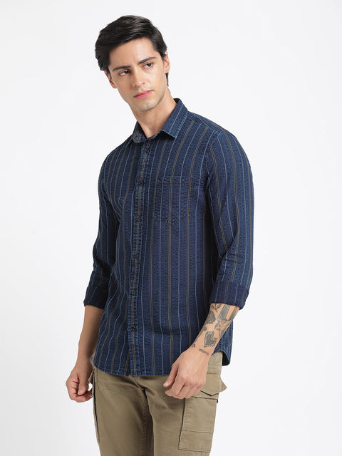 Dark Blue Striped Cotton Shirt - Shirt - 240427649