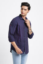 Dark Blue Striped Cotton Shirt - Shirt - 240427366