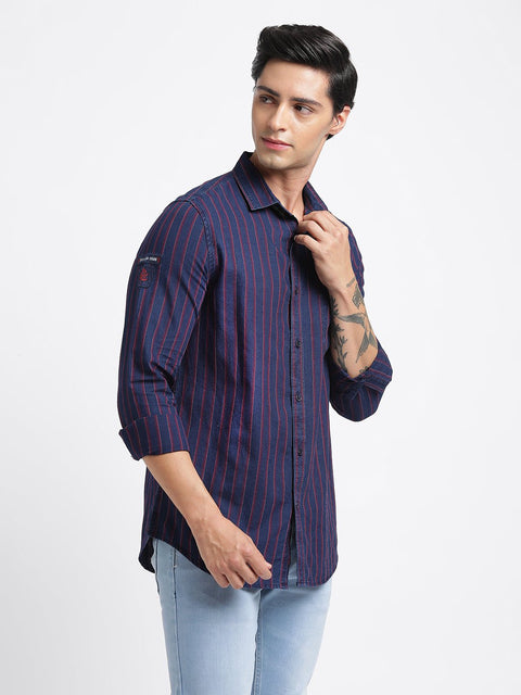 Dark Blue Striped Cotton Shirt - Shirt - 240427366