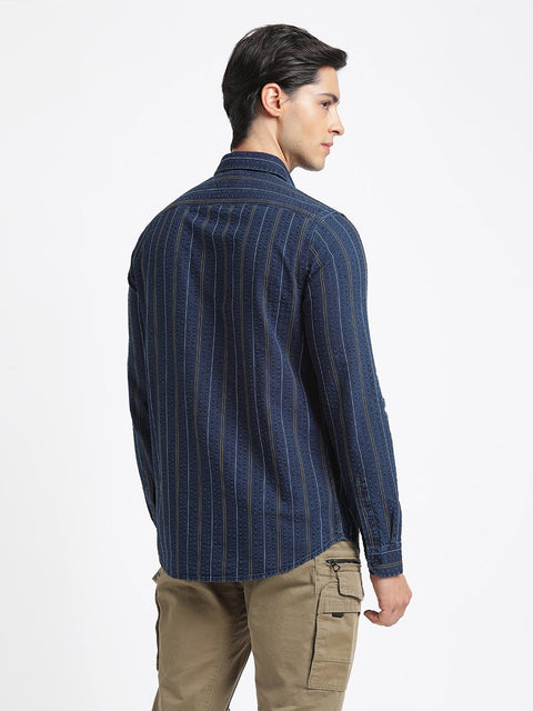 Dark Blue Striped Cotton Shirt - Shirt - 240427649