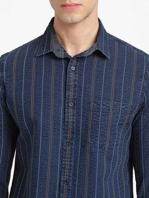 Dark Blue Striped Cotton Shirt - Shirt - 240427649