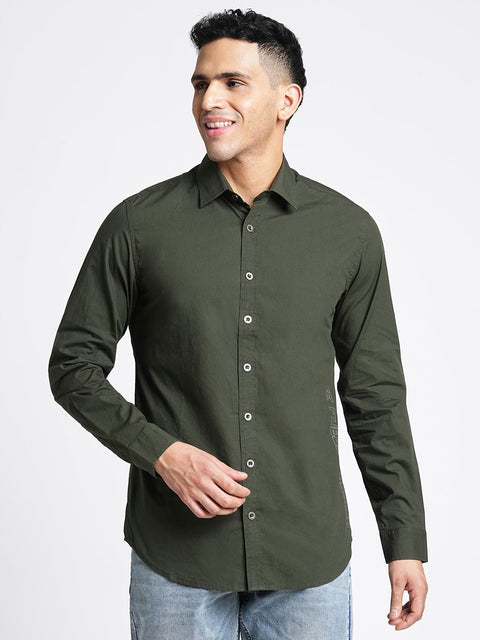 Dark Green Solid Cotton Shirt - Shirt - 230524818