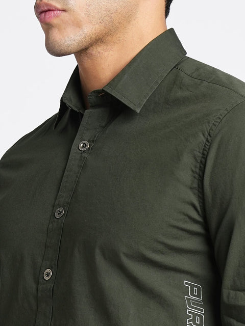 Dark Green Solid Cotton Shirt - Shirt - 230524818