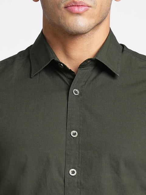 Dark Green Solid Cotton Shirt - Shirt - 230524818