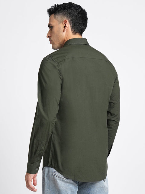 Dark Green Solid Cotton Shirt - Shirt - 230524818