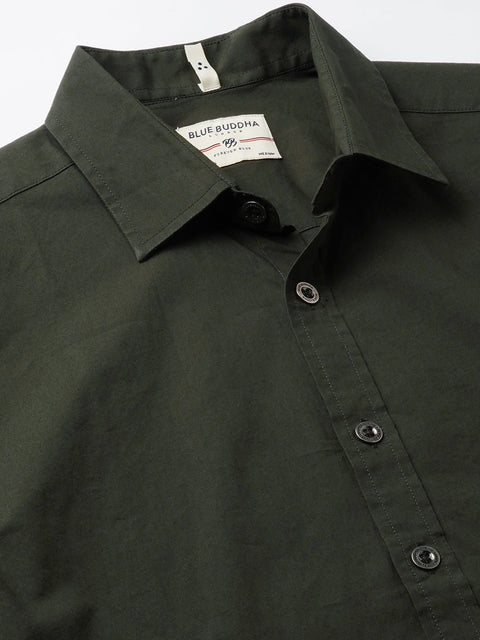 Dark Green Solid Cotton Shirt - Shirt - 230524818