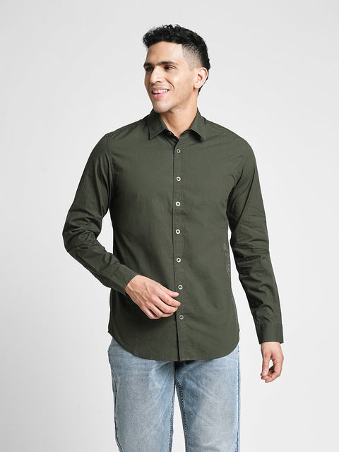 Dark Green Solid Cotton Shirt - Shirt - 230524818