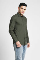 Dark Green Solid Cotton Shirt - Shirt - 230524818