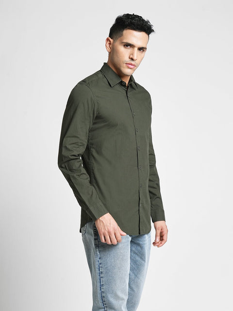 Dark Green Solid Cotton Shirt - Shirt - 230524818