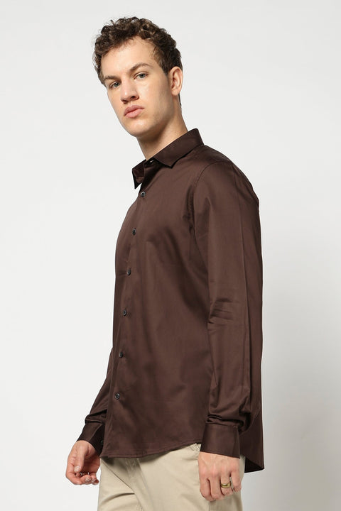 Dark Maroon Solid Satin Shirt - Shirt - 250531323