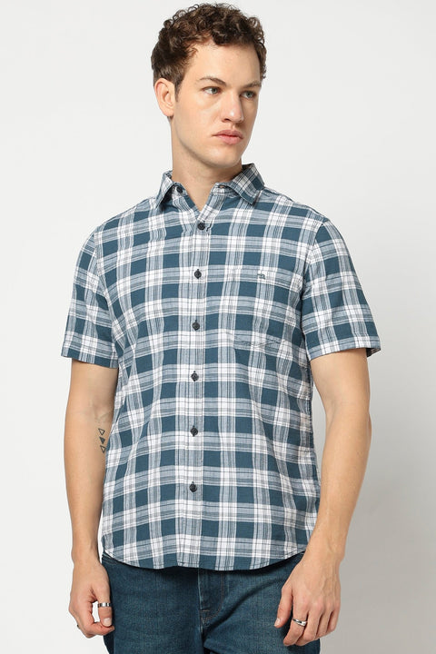 Dark Teal Half Sleeve Tailored Fit Shirt - Shirts - 250330918