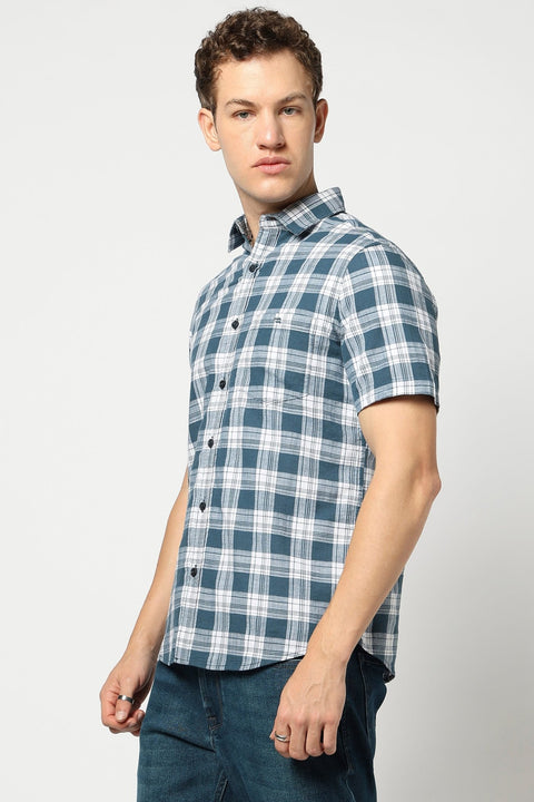 Dark Teal Half Sleeve Tailored Fit Shirt - Shirts - 250330918