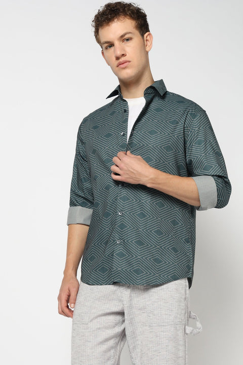 Dark Turquoise Abstract Printed Shirt - Shirts - 241230232