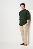 GREEN PLAIN MANDARIN COLLAR KURTA - Kurta - 240126523