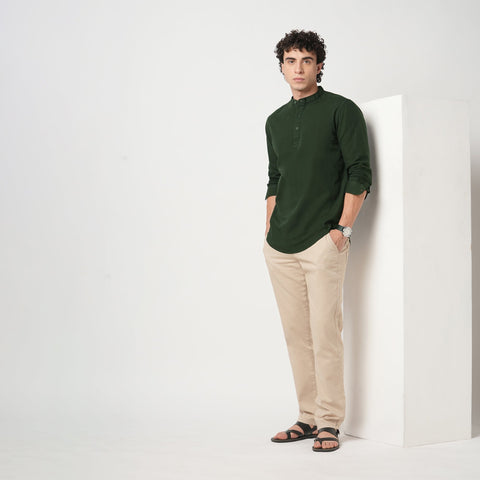 GREEN PLAIN MANDARIN COLLAR KURTA - Kurta - 240126523