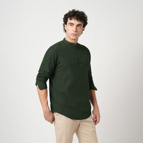 GREEN PLAIN MANDARIN COLLAR KURTA - Kurta - 240126523