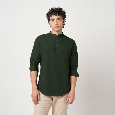 GREEN PLAIN MANDARIN COLLAR KURTA - Kurta - 240126523