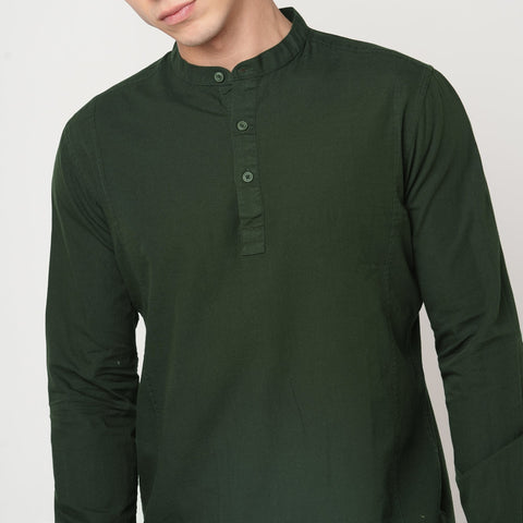 GREEN PLAIN MANDARIN COLLAR KURTA - Kurta - 240126523