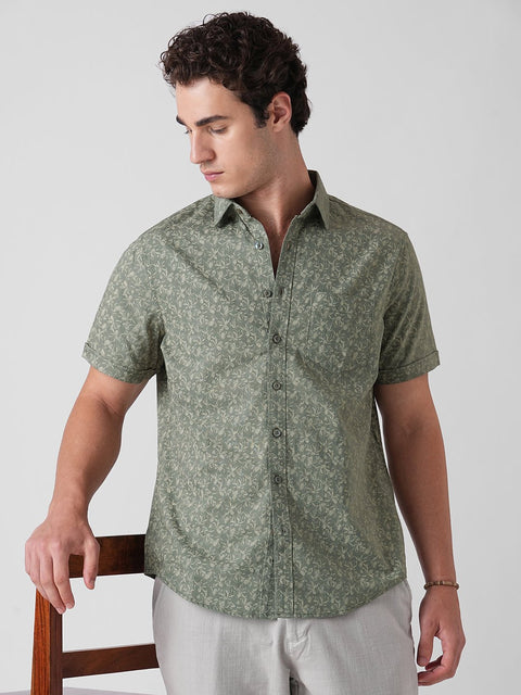 GREEN PRINTED OXFORD HALF SLEEVE SHIRT-Shirt - 260134591