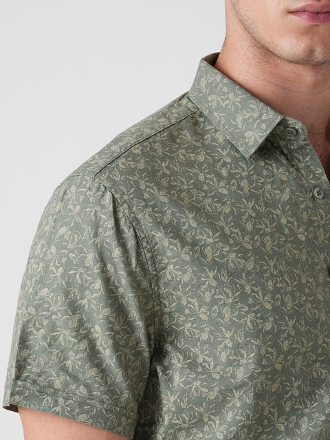 GREEN PRINTED OXFORD HALF SLEEVE SHIRT-Shirt - 260134591