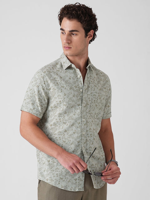 GREEN PRINTED SLUB HALF SLEEVE SHIRT-Shirt - 260134530