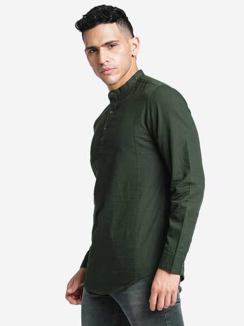 Green Solid Cotton Kurta Shirt - Kurta - 240120036