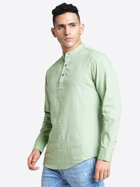 Green Solid Cotton Kurta Shirt - Kurta - 240120026