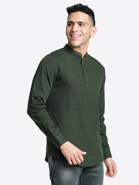 Green Solid Cotton Kurta Shirt - Kurta - 240120036