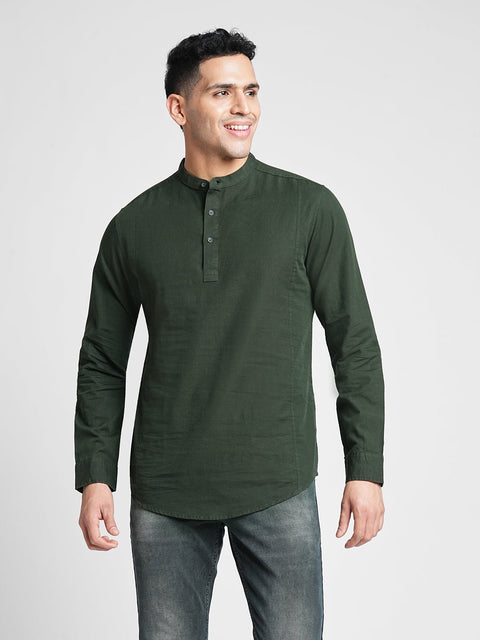 Green Solid Cotton Kurta Shirt - Kurta - 240120036