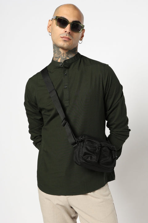 Green Solid Cotton Kurta Shirt - Kurta - 240120036