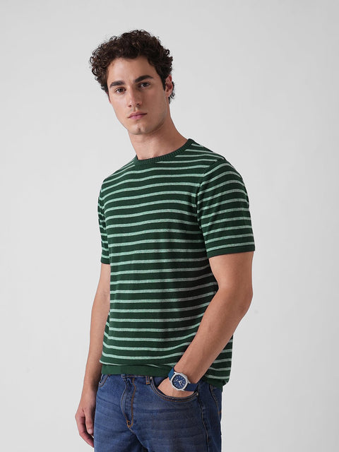 GREEN STRIPE ROUND NECK FLATKNIT T SHIRT - T Shirt - 3IS1F0403
