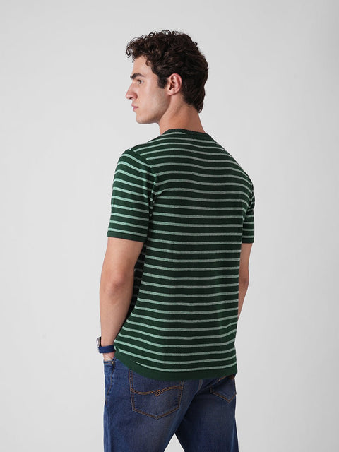 GREEN STRIPE ROUND NECK FLATKNIT T SHIRT - T Shirt - 3IS1F0403