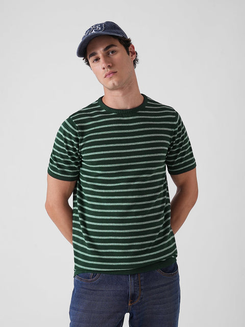 GREEN STRIPE ROUND NECK FLATKNIT T SHIRT - T Shirt - 3IS1F0403