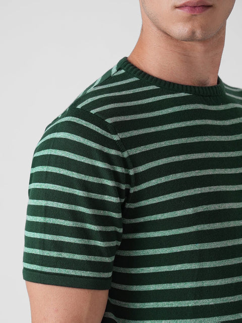 GREEN STRIPE ROUND NECK FLATKNIT T SHIRT - T Shirt - 3IS1F0403