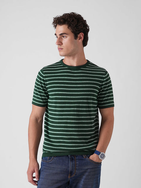 GREEN STRIPE ROUND NECK FLATKNIT T SHIRT - T Shirt - 3IS1F0403