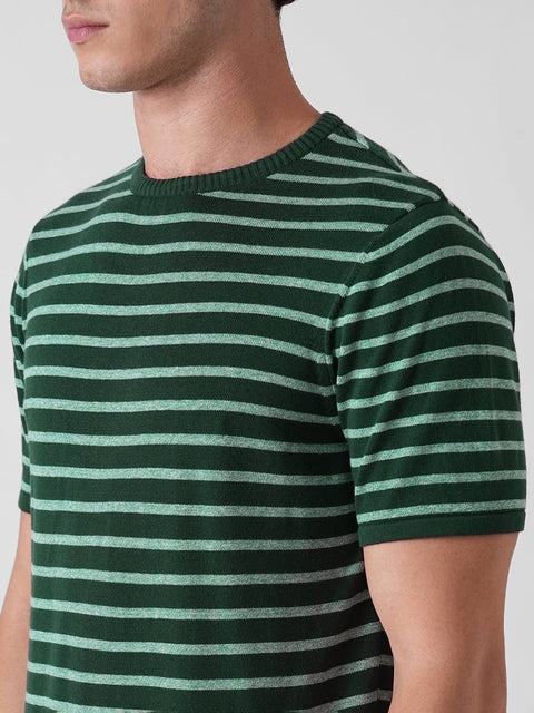 GREEN STRIPE ROUND NECK FLATKNIT T SHIRT - T Shirt - 3IS1F0403