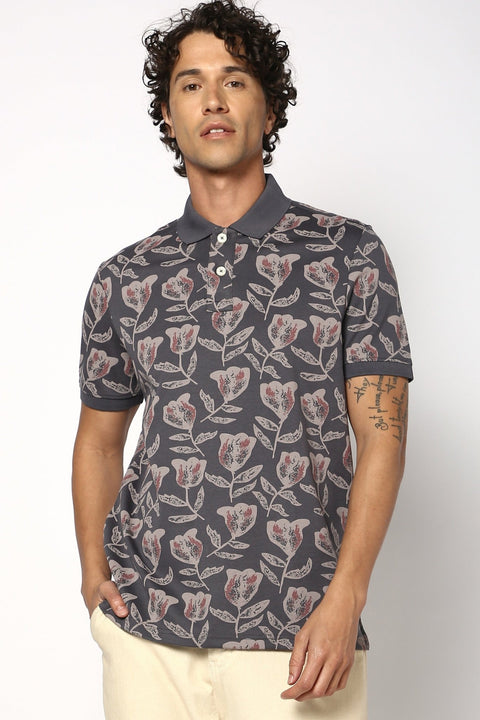 Grey All Over Floral Printed Polo - T-Shirt - 2409300703