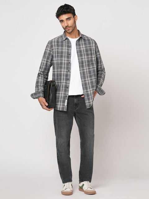 GREY CHECKERED TAILORED FIT COTTON SHIRT-Shirt - 251033420