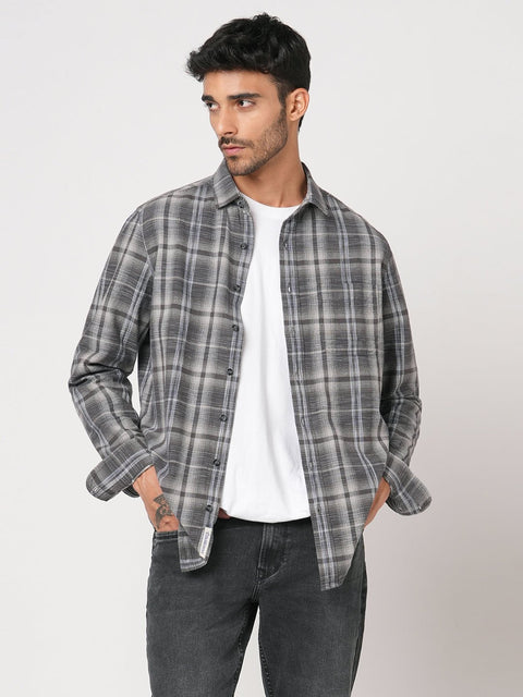 GREY CHECKERED TAILORED FIT COTTON SHIRT-Shirt - 251033420