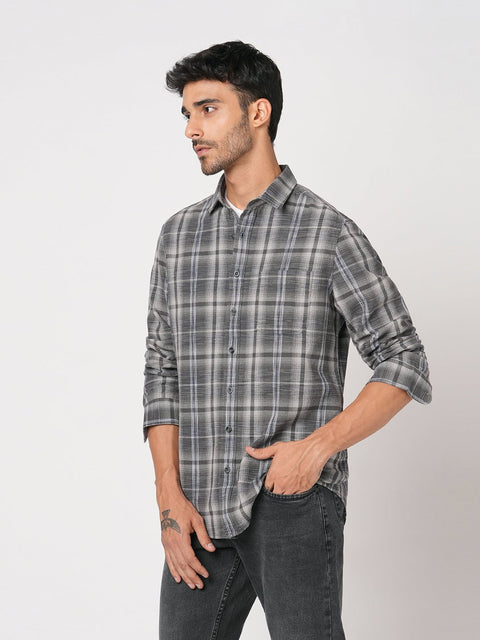 GREY CHECKERED TAILORED FIT COTTON SHIRT-Shirt - 251033420