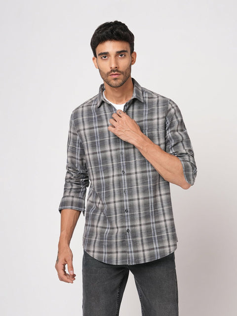 GREY CHECKERED TAILORED FIT COTTON SHIRT-Shirt - 251033420
