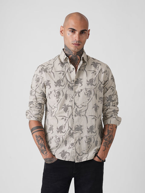 GREY FLORAL PRINT SLUB SHIRT-Shirt - 251133941