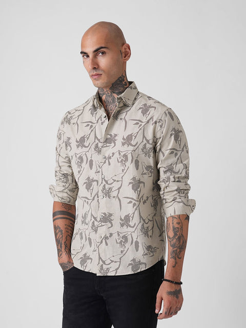 GREY FLORAL PRINT SLUB SHIRT-Shirt - 251133941