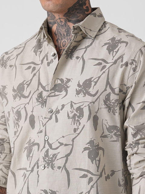 GREY FLORAL PRINT SLUB SHIRT-Shirt - 251133941