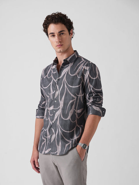GREY PRINTED DOBBY COTTON SHIRT-Shirt - 250832081