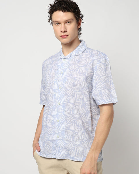 Light Blue Floral Print Relaxed Fit Half Sleeve Shirt - Shirt - 240728467