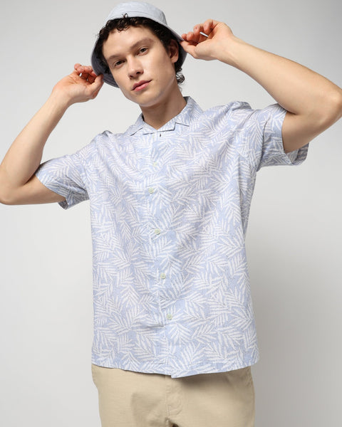 Light Blue Floral Print Relaxed Fit Half Sleeve Shirt - Shirt - 240728467