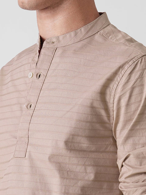 LIGHT BROWN DOBBY STRIPE KURTA - Kurta - 260134870