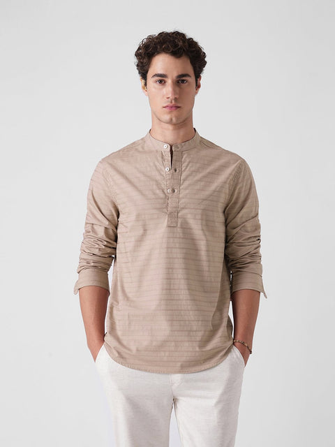 LIGHT BROWN DOBBY STRIPE KURTA - Kurta - 260134870
