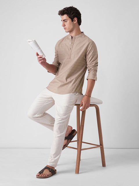 LIGHT BROWN DOBBY STRIPE KURTA - Kurta - 260134870